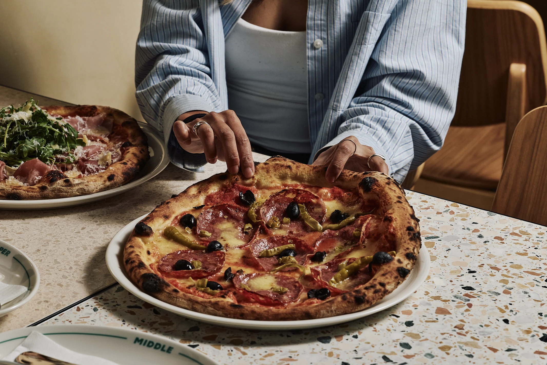Large pizza on table