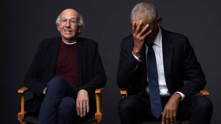 A teaser photo for LIFE, LARRY AND THE PURSUIT OF UNHAPPINESS with larry david and president obama, who is holding his head in his hand