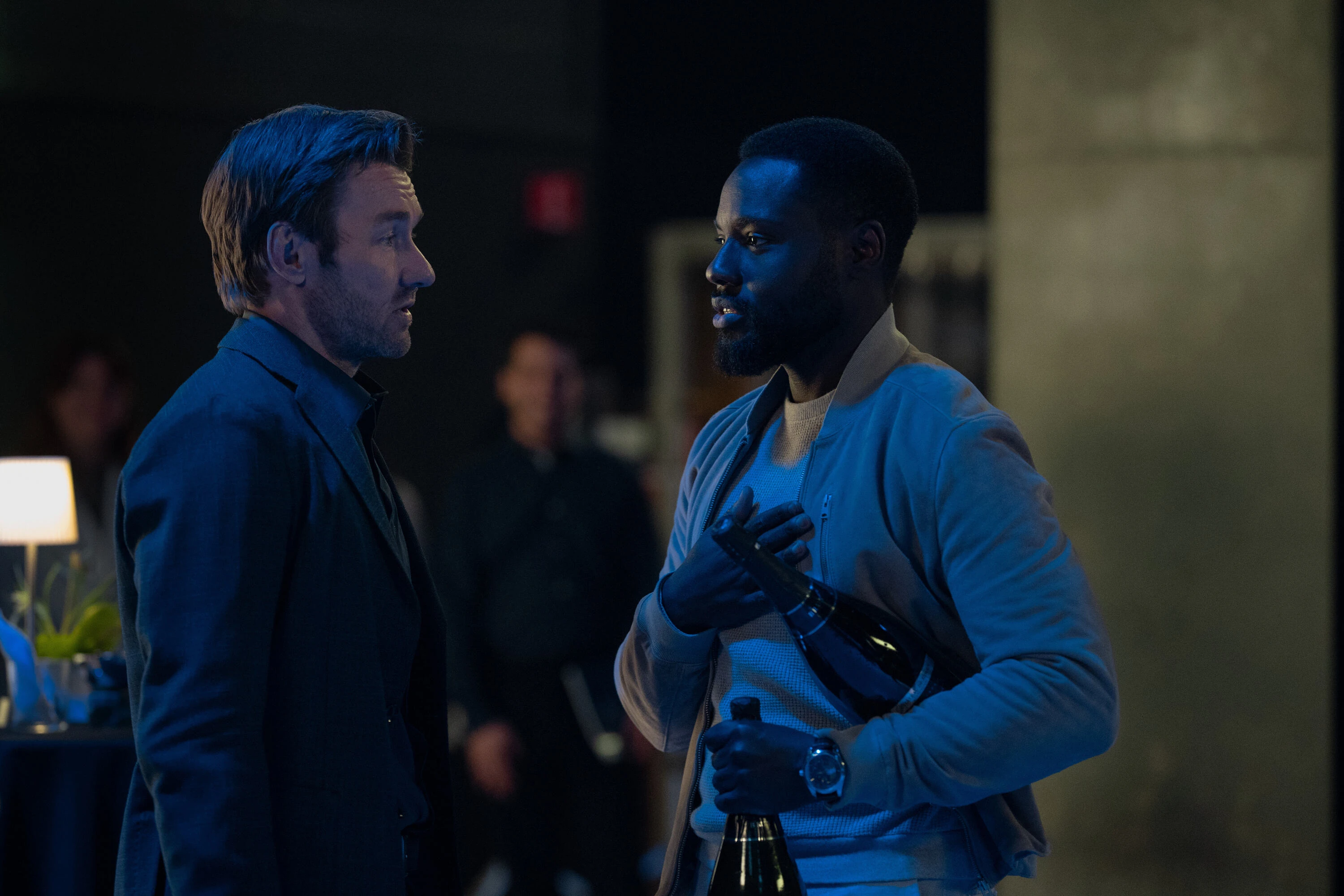 Joel Edgerton and Dayo Okeniyi in "Dark Matter," premiering August 28, 2026 on Apple TV.