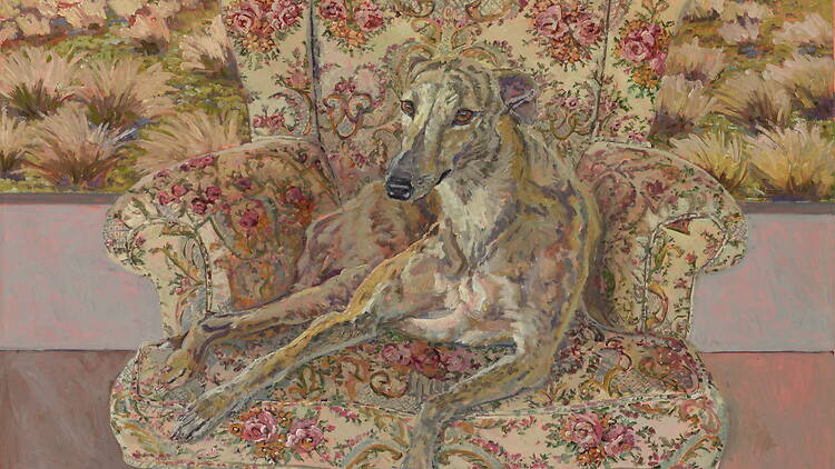 Winner Sulman Prize 2026, Lucy Culliton 2026 Sulman Prize winning portrait of a dog blending into the fabric of a chair