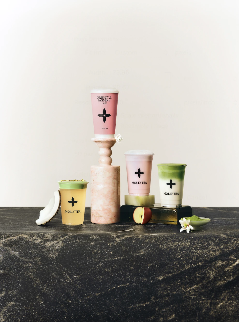 Pistachio Jasmine Coconut, Premium Jasmine Milk Tea, Premium Jasmine Apple Milk Tea and White Champaca Matcha
