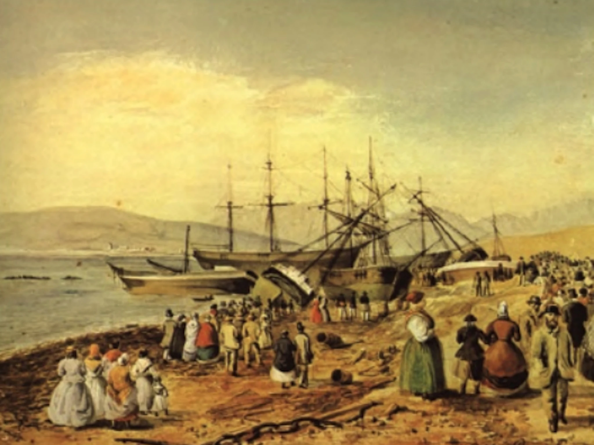 Painting by Otto Landsberg of Woodstock Beach littered with wrecks from the Great Gale of 1865.