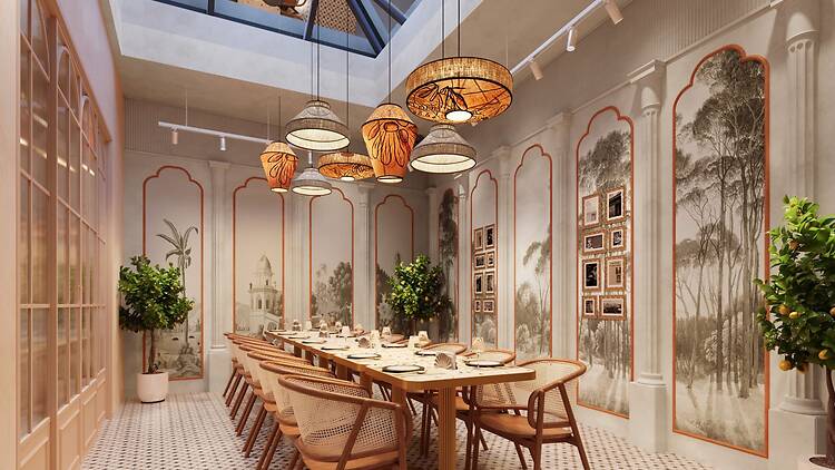 Long dining table and Indian-inspired decor in new Haldiram's London