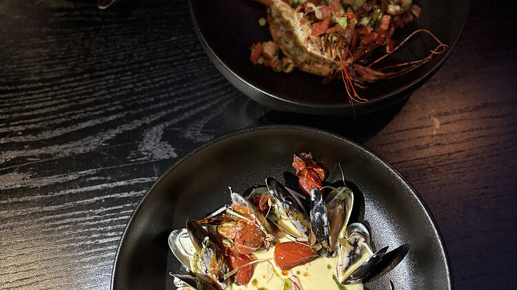 Complimentary bread with mussels served at Sinn restaurant
