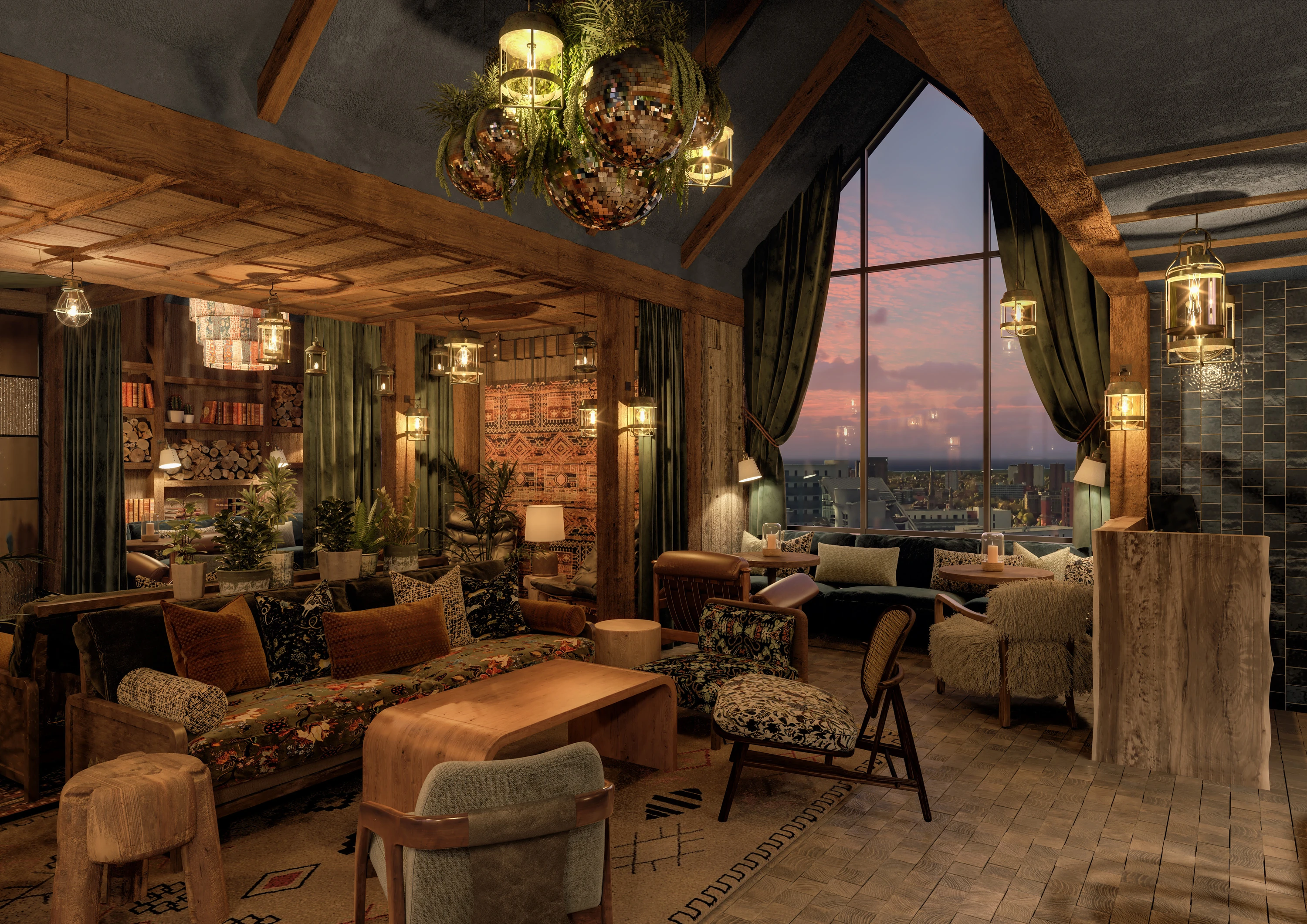 Private rooftop room in Manchester hotel with low lighting and plush sofas