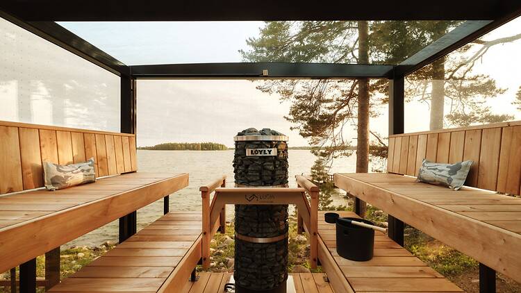 Early evening: unwinding in the glass sauna