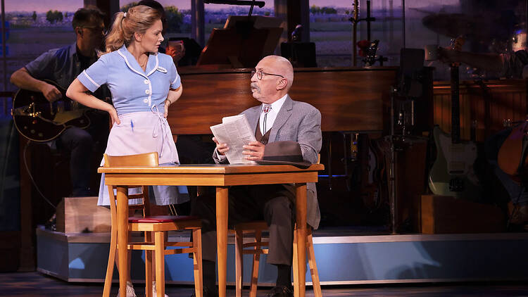 Waitress the Musical Natalie Bassingthwaighte and John Waters on stage in 'Waitress the Musical'.