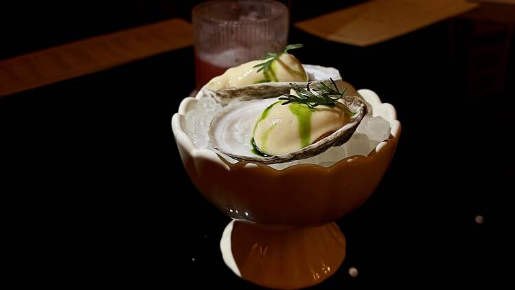 Two dollops of ice cream in a oyster shell