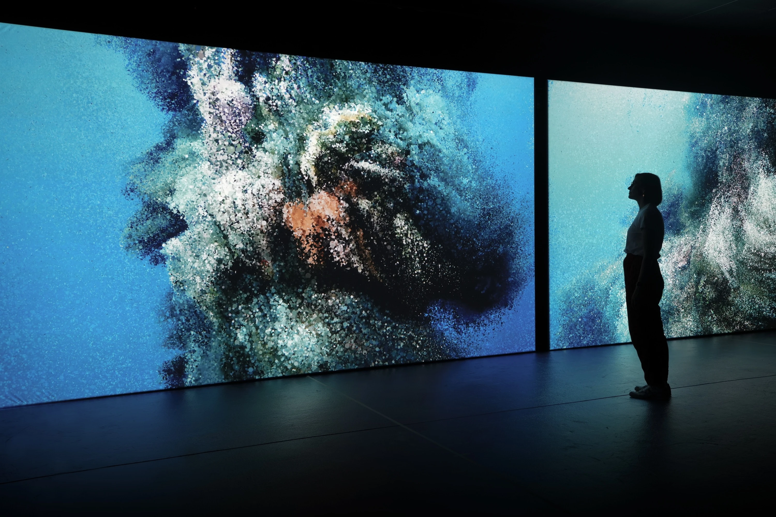 Various scenes depicted in Seeing Echoes in the Mind of the Whale (2024) by Marshmallow Laser Feast at Disseny Hub Barcelona 