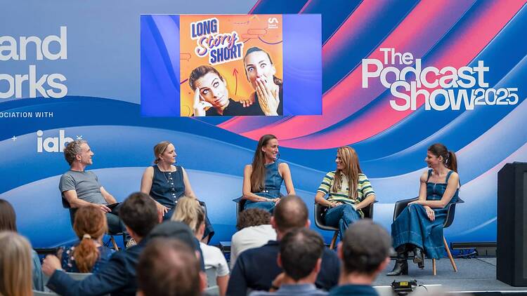 Jill Scott and Karen Carney of ‘Long Story Short’ podcast speak on a panel at The Podcast Show 2025