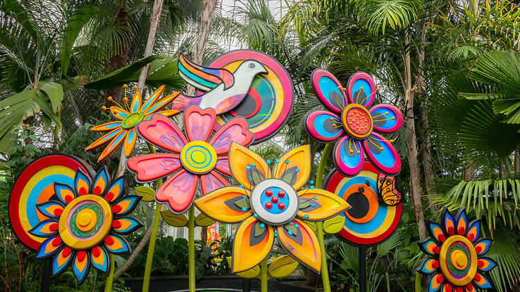 Flower Power, installation in the Enid A. Haupt Conservatory by artist Amie Jacobsen Flower Power, installation in the Enid A. Haupt Conservatory by artist Amie Jacobsen