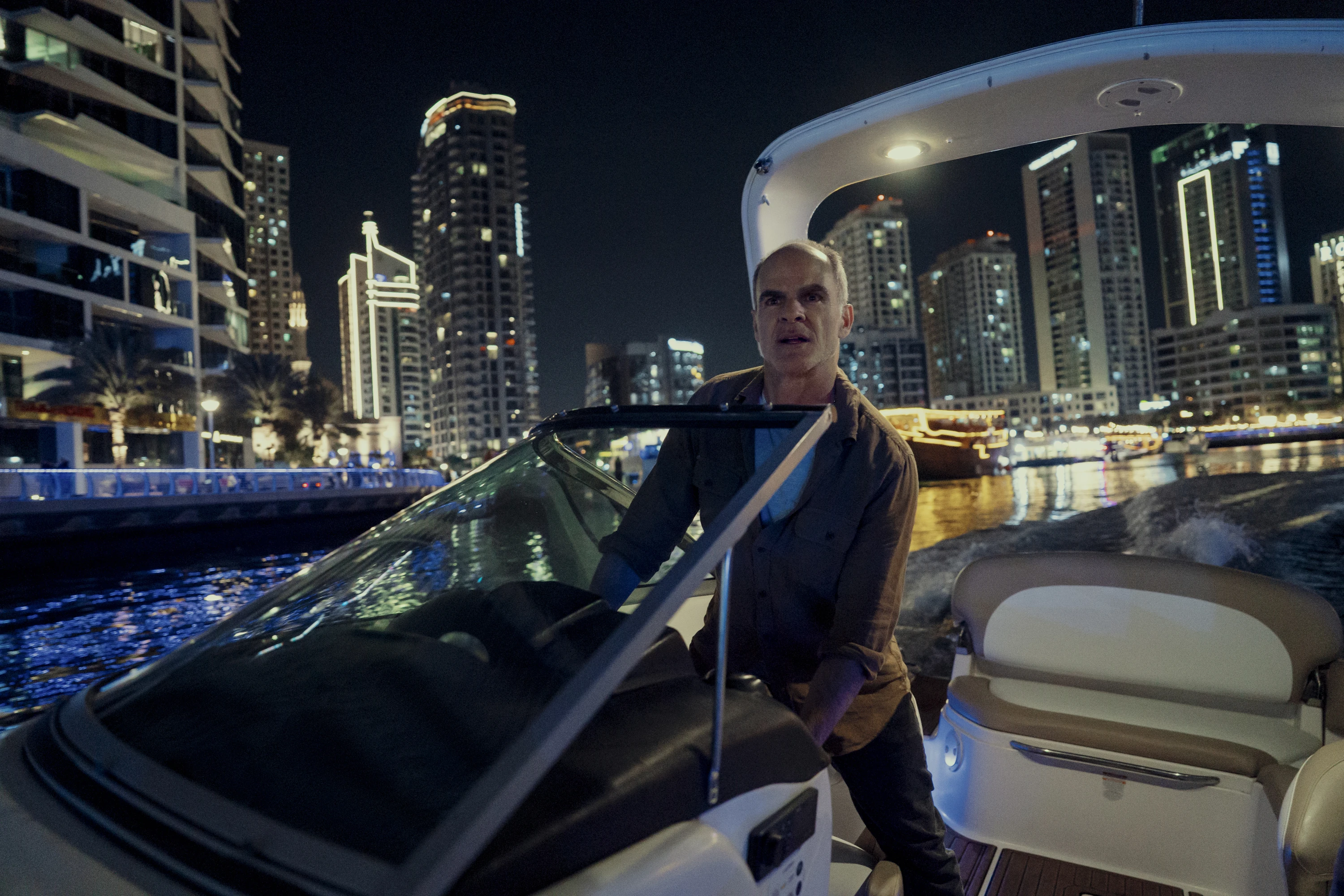 Mike November (Michael Kelly) in the Dubai Marina firefight in Jack Ryan: Ghost War