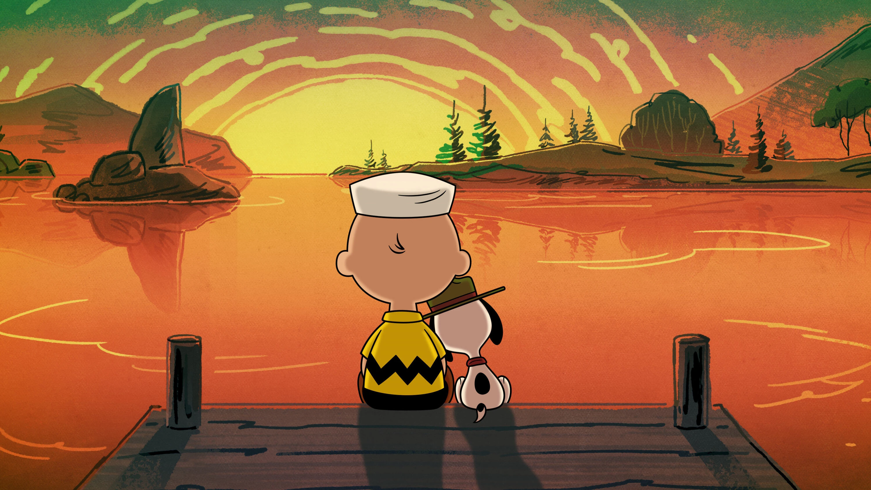 A scene from 'Camp Snoopy' on Apple TV shows Charlie Brown and Snoopy looking at a sunset from a dock