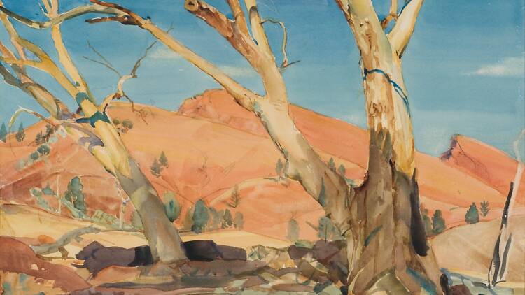 Red Hills of Aroona, Flingers Range 1933 watercolour painting of gum trees