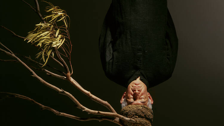 Hossein Valamanesh Nesting 2005 A digital print of a man upside down, his head in a nest