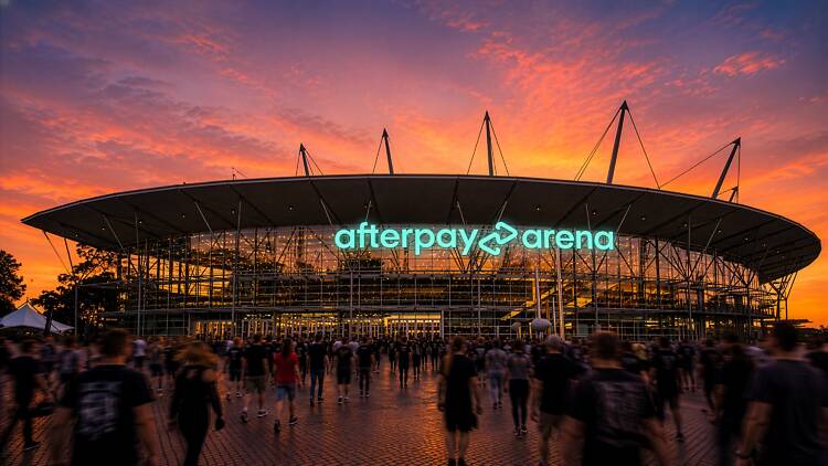 A big arena with a sign that says: afterpay arena