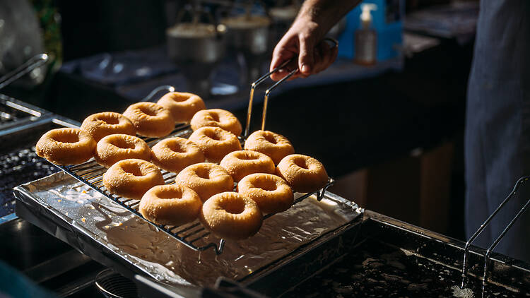 A rack of doughnuts