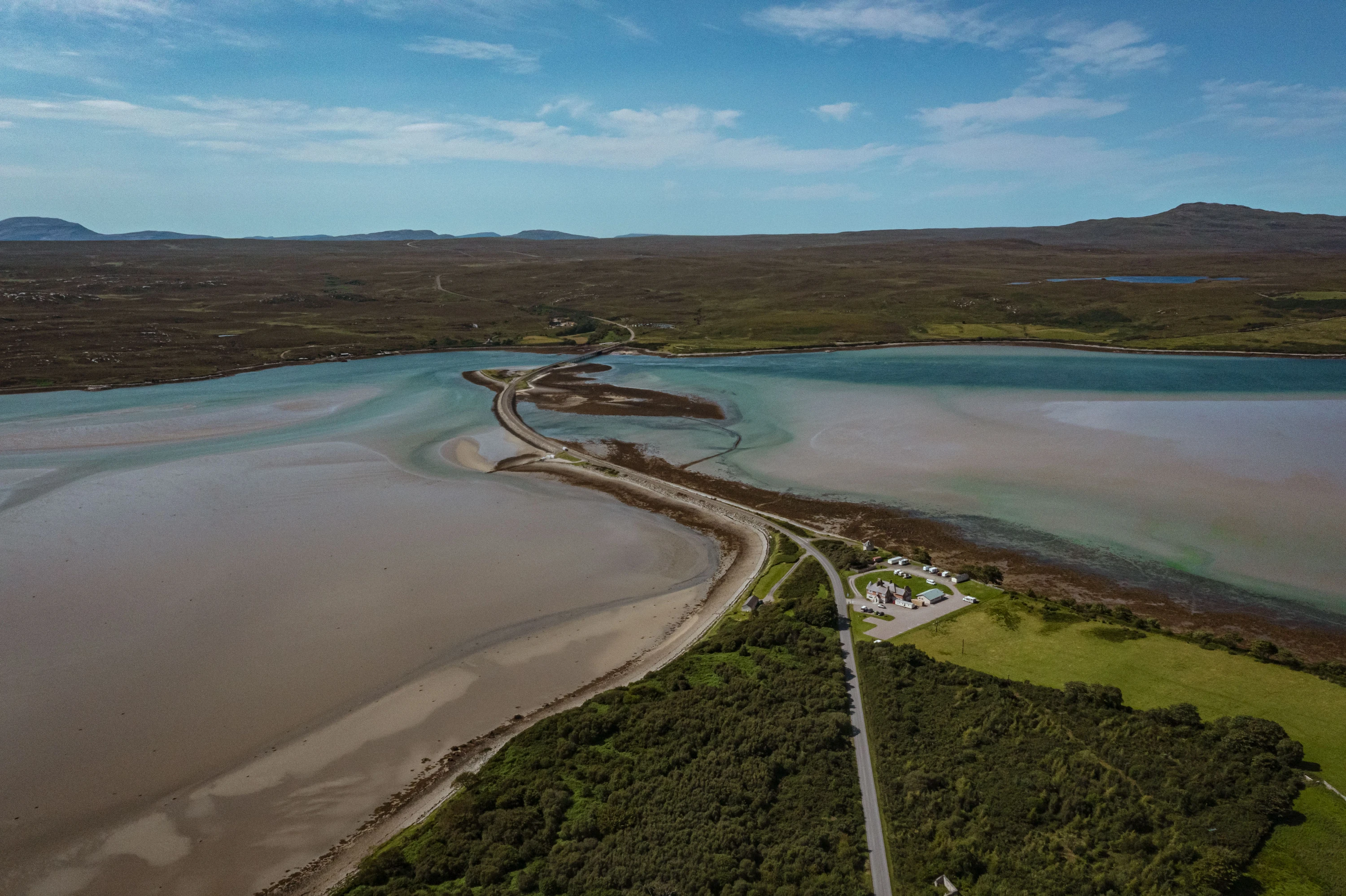 Aerial shot of the lakes and mountains the Tongue Hotel looks out on