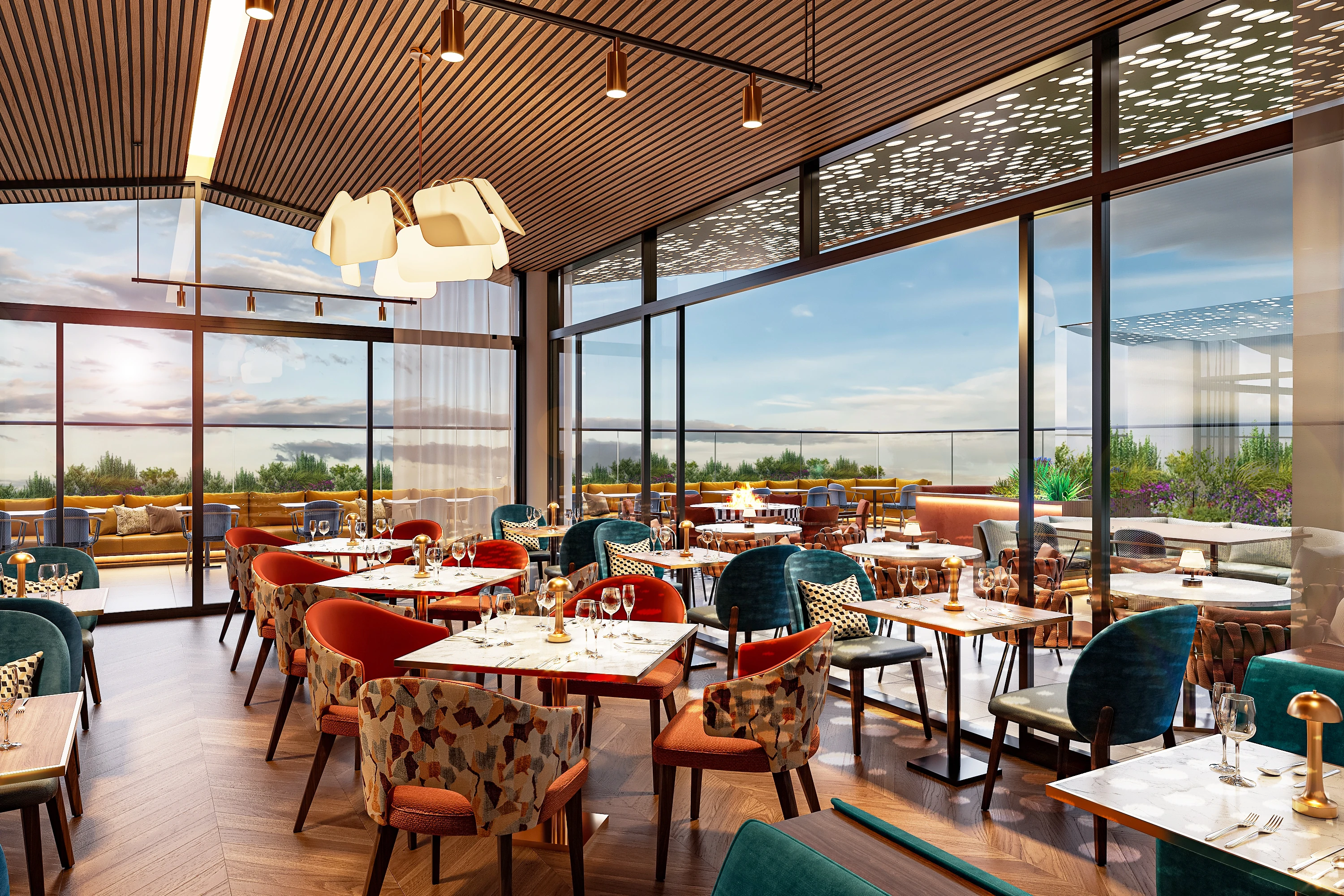 Render of Arcus's sunset lounge in Bloomsbury
