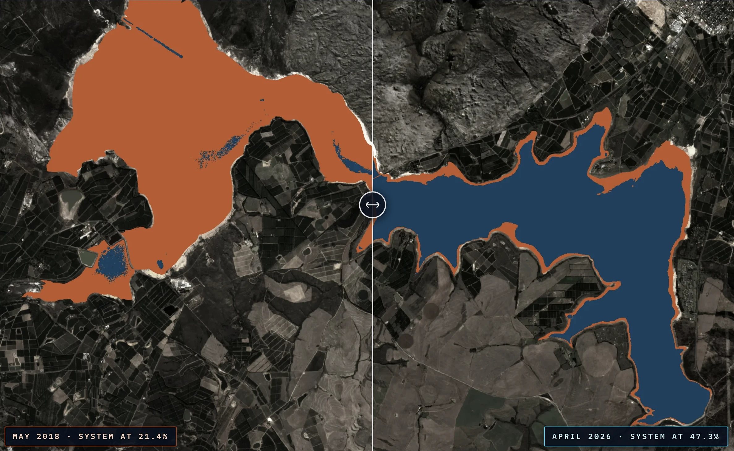 Sentinel-2 satellite imagery of Theewaterskloof, which holds more than half the system's capacity. 