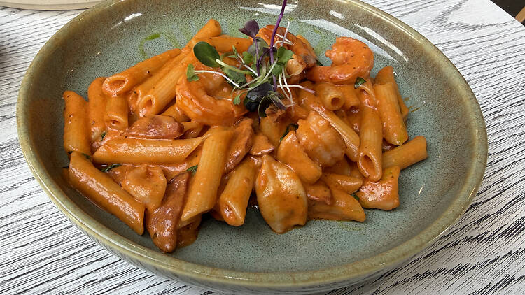 Café Billibi's prawn and chorizo pasta