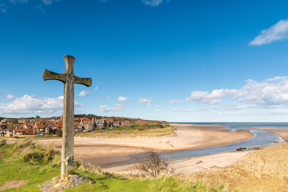 Alnmouth beach with wooden cross 