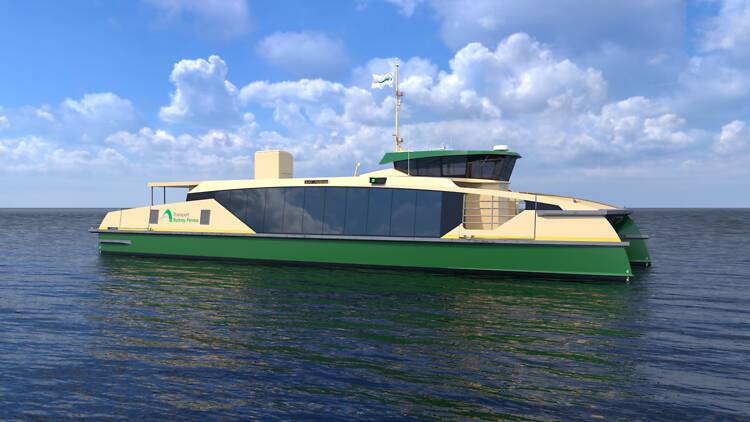 Electric ferries A render of an electric Sydney ferry in the water