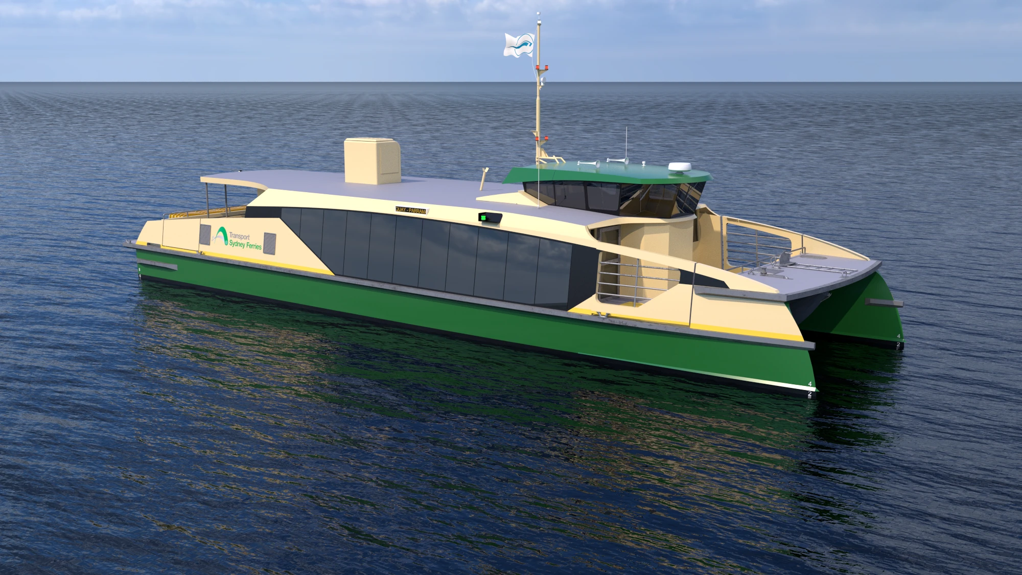 A render of an electric Sydney ferry in the water