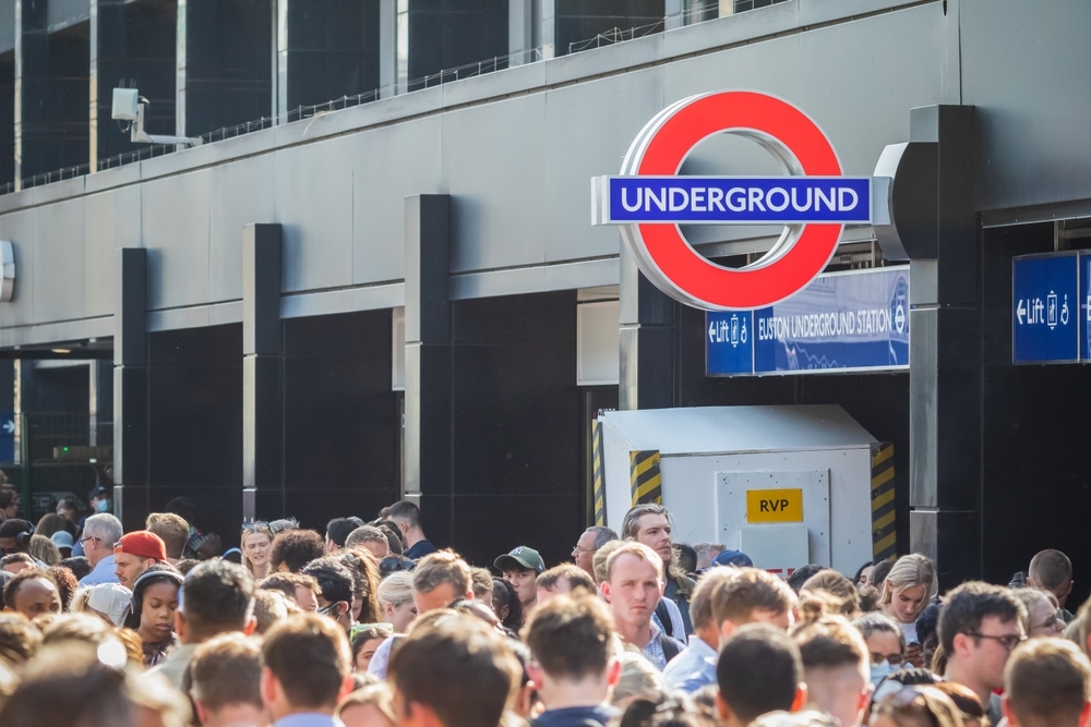 Euston station in London with crowds