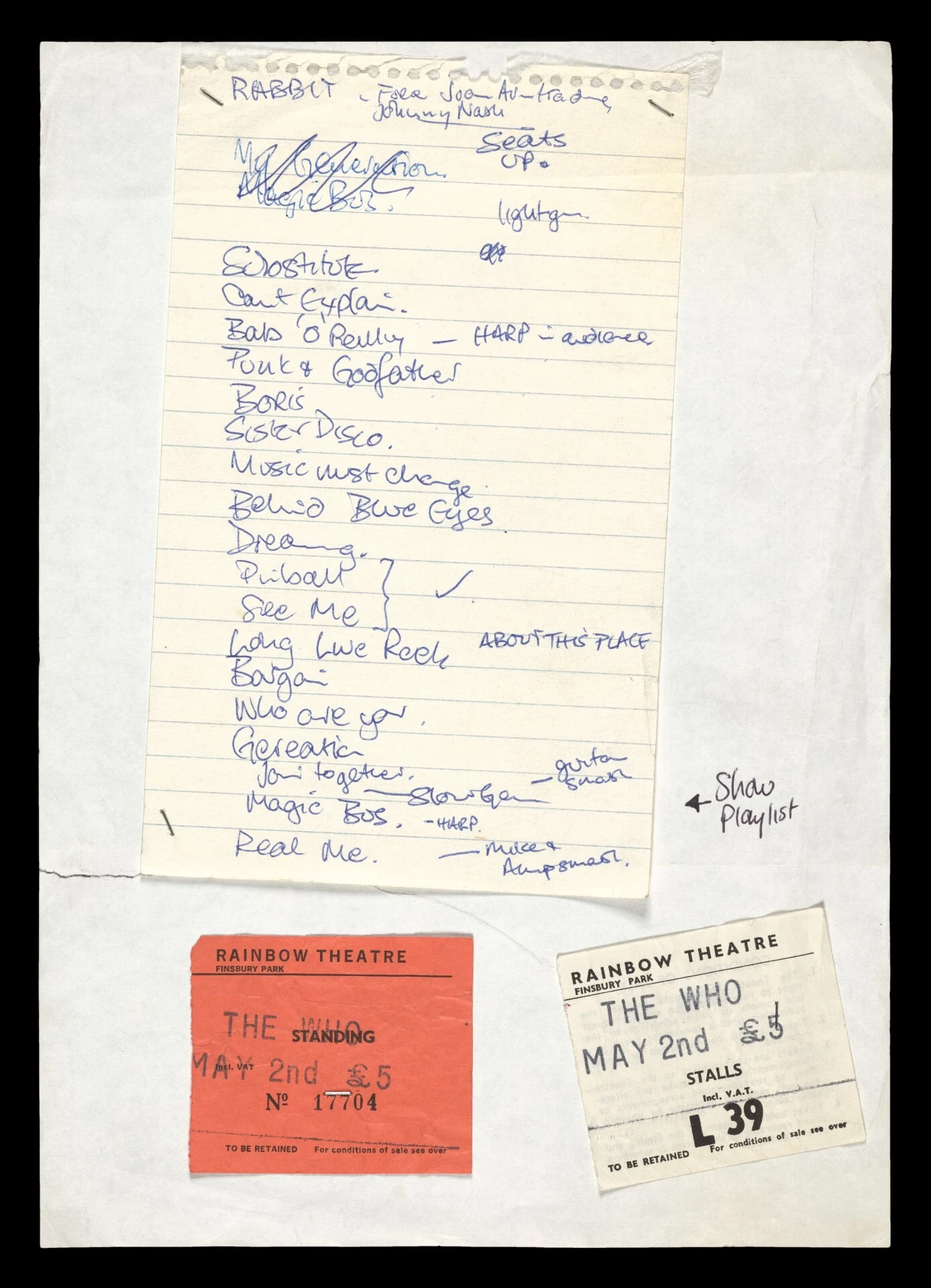 Handwritten setlist for The Who at Rainbow Theatre, 1979