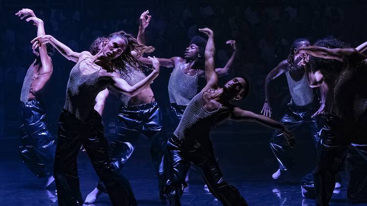 Dancers wearing silver chainmail tops in Marco da Silva Ferreira’s ‘F*cking Future’ at Sadler’s Wells East Dancers wearing silver chainmail tops in Marco da Silva Ferreira’s ‘F*cking Future’ at Sadler’s Wells East