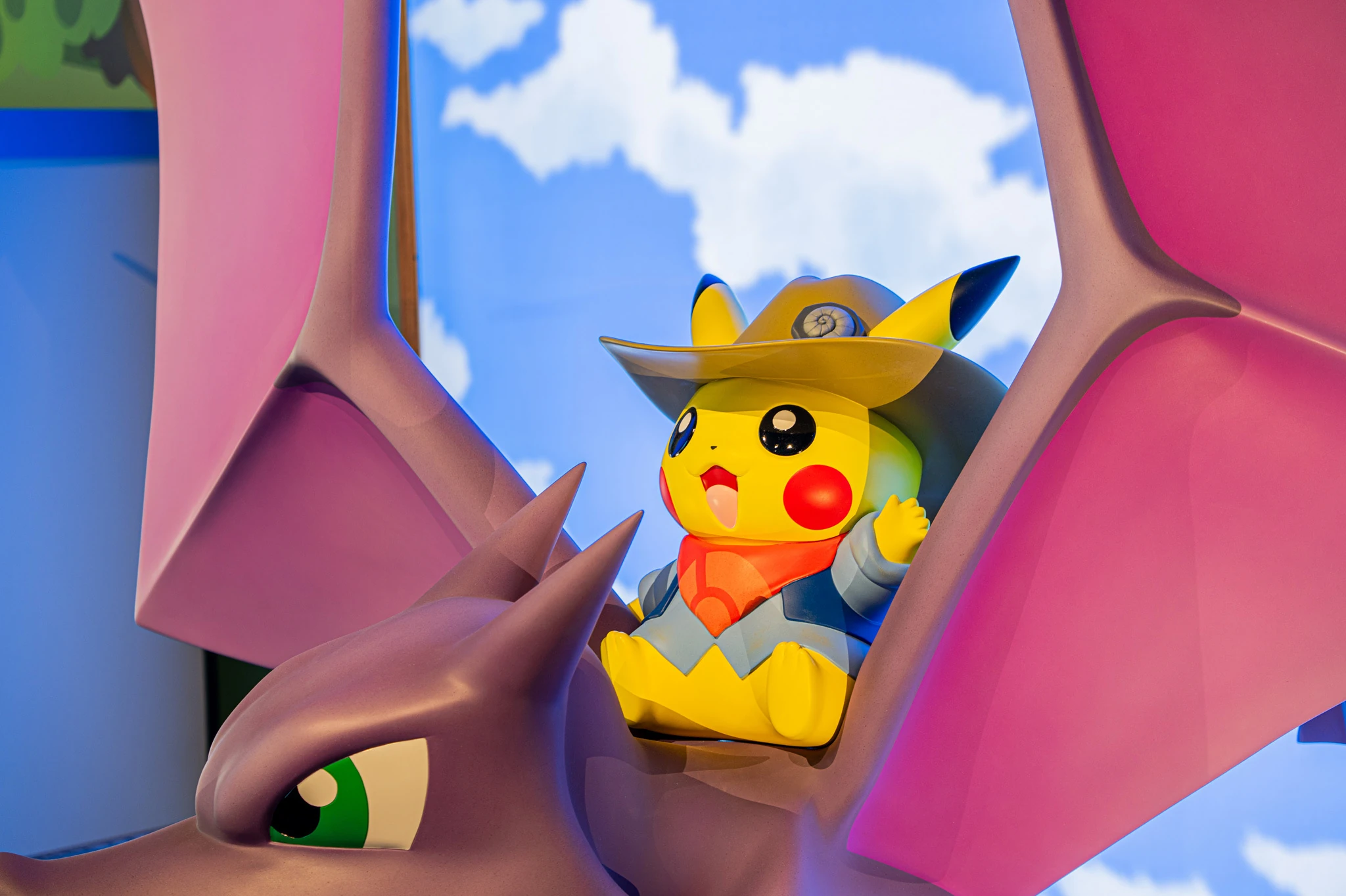 Excavator Pikachu riding atop Aerodactyl at the Pok&eacute;mon Fossil Museum at the Field Museum