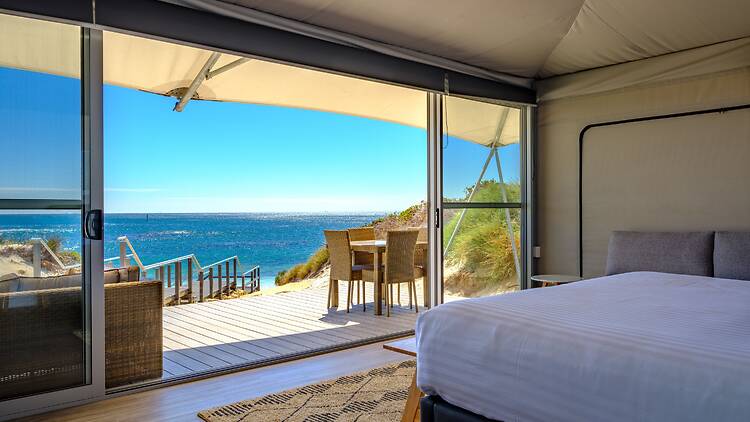 Beach view from glamping tent