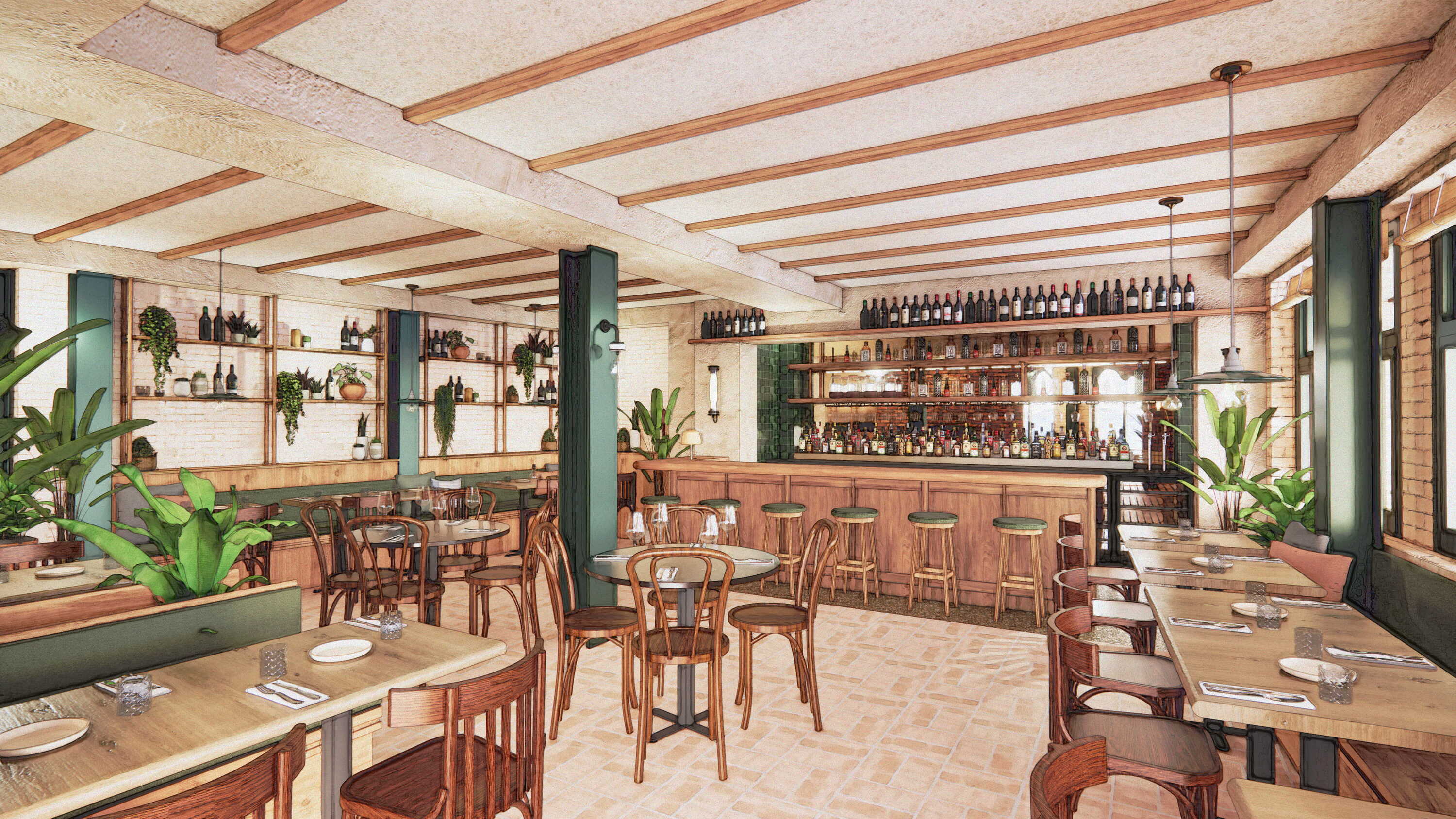 Render of main dining room at new Bubala Covent Garden restaurant