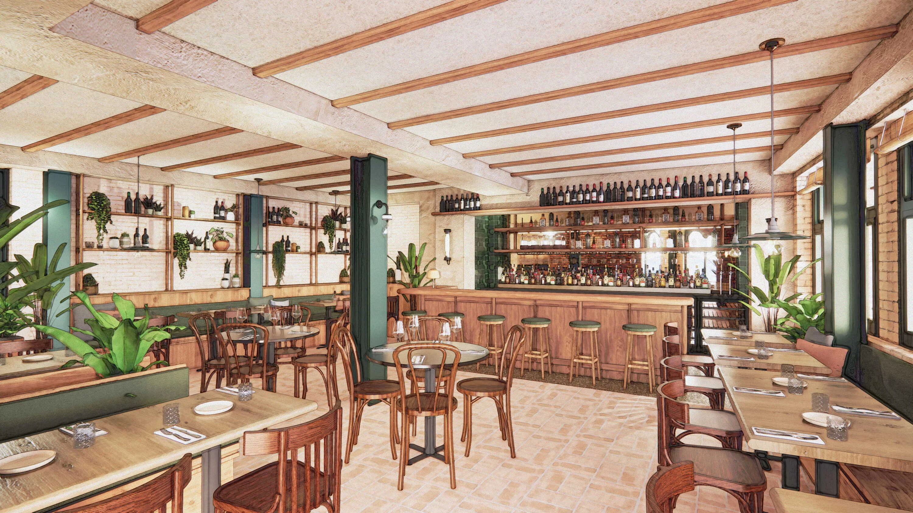 Render of main dining room at new Bubala Covent Garden restaurant