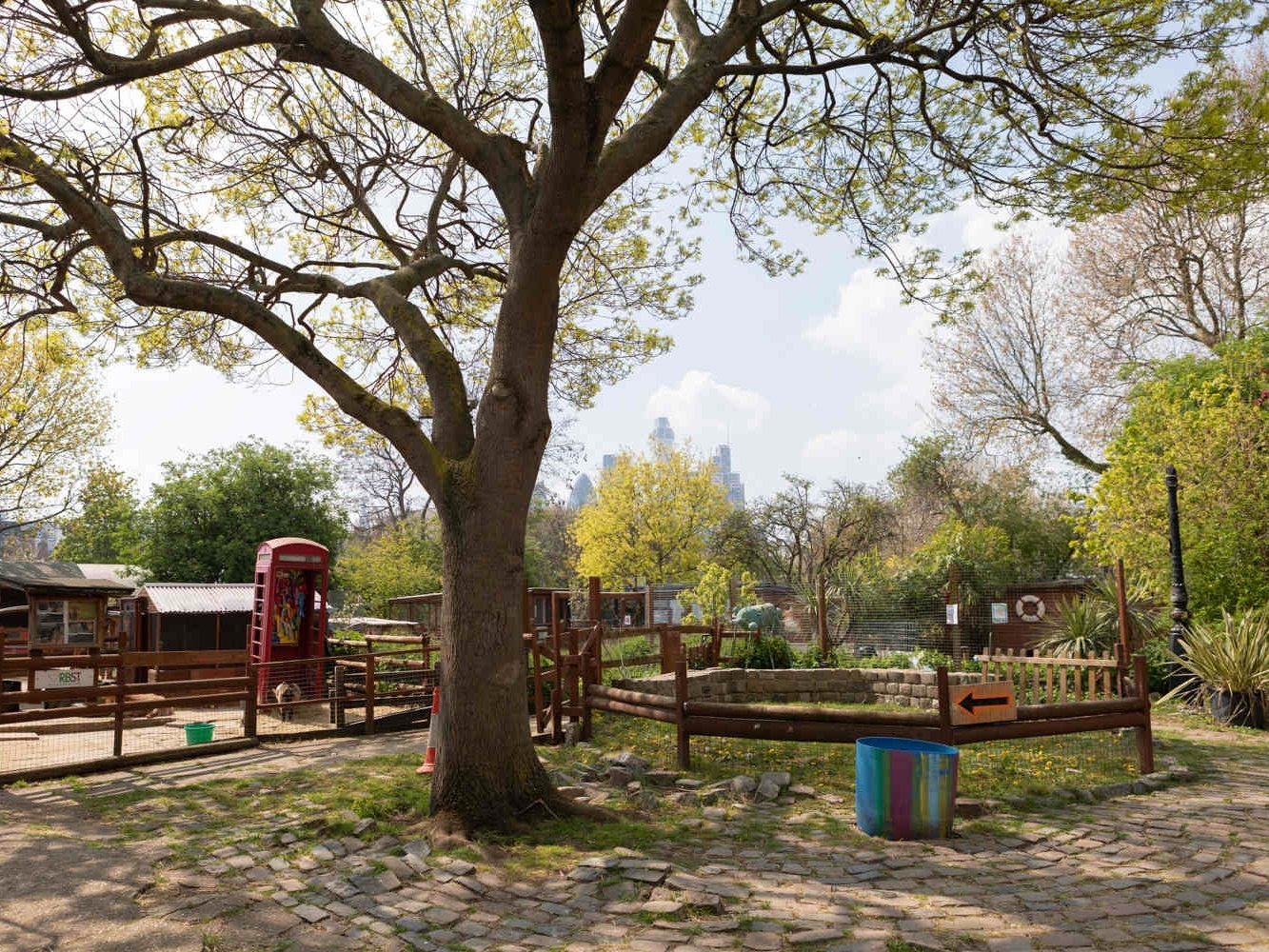 The city skyline behind animal enclosures at Spitalfields City Farm