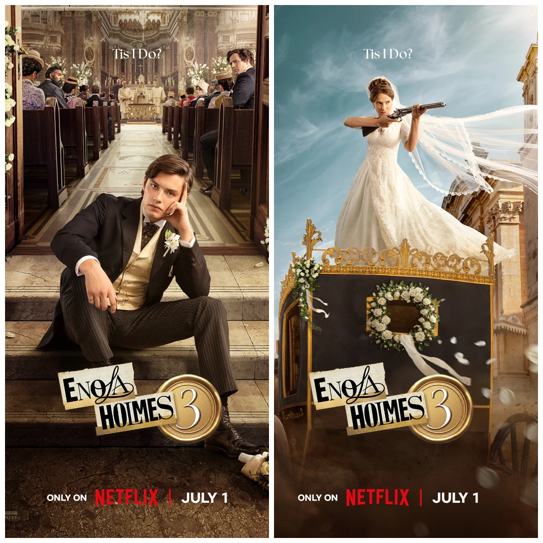 Enola Holmes 3 movie posters depict Tewksbury at the church while the other poster shows Enola riding the top of her wedding carriage aiming a shotgun
