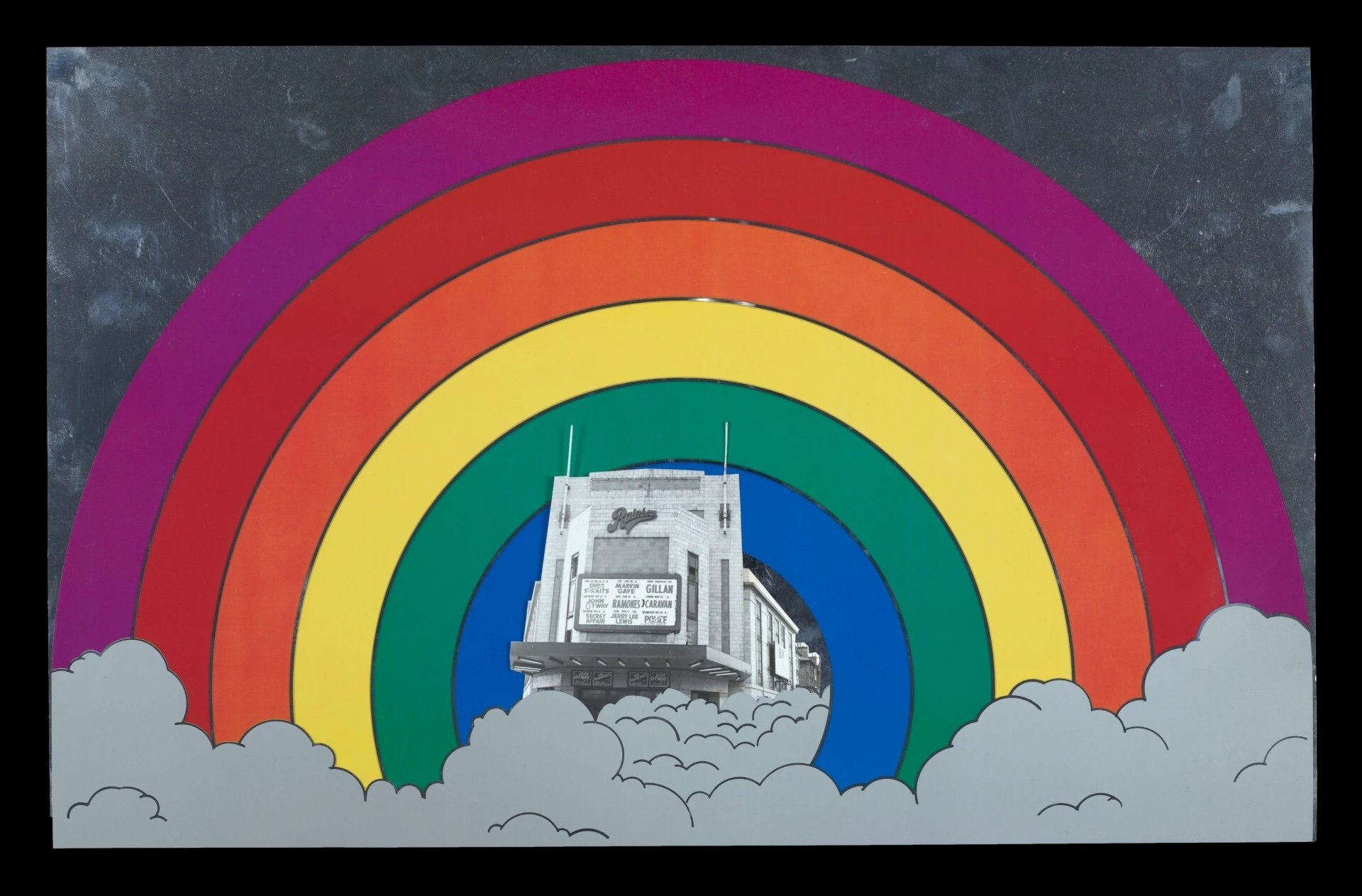 Collage of the Rainbow Theatre in Finsbury Park with a rainbow in the background