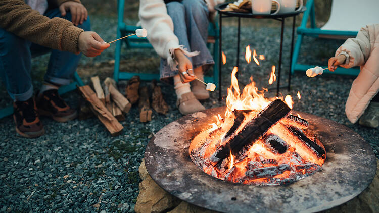 Family roasting marshmallow sitting by the fire outdoors. 2027510169