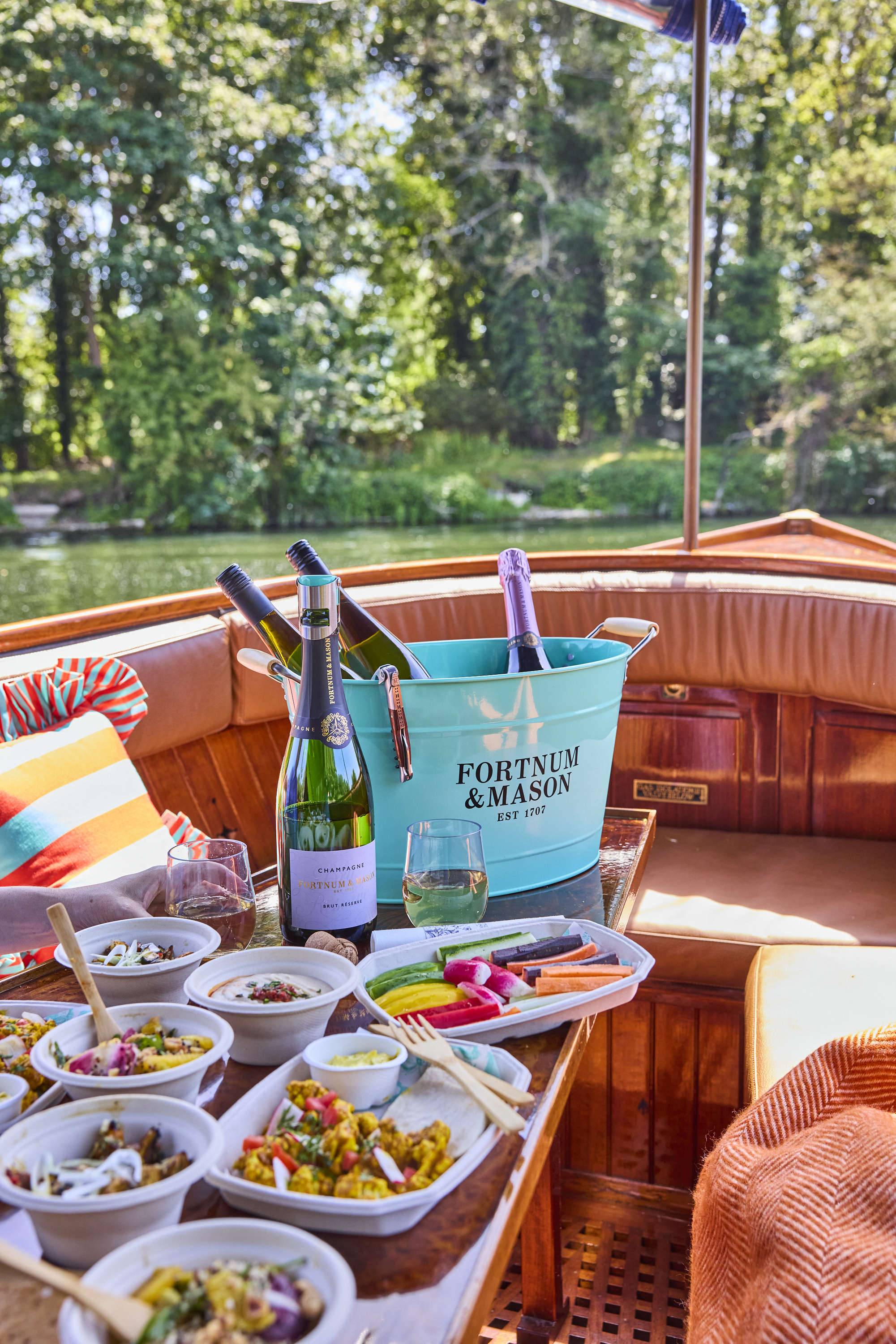 Fortnum and Mason picnic food and wine on a boat