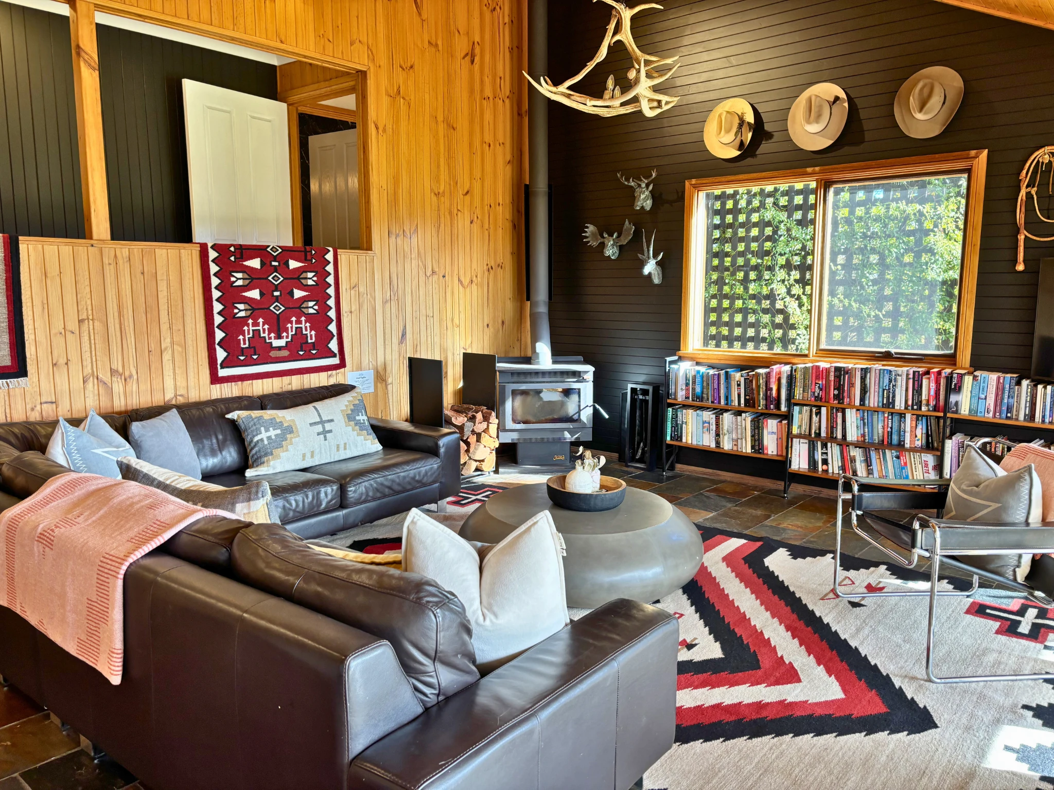 Living room with couches and bookcase