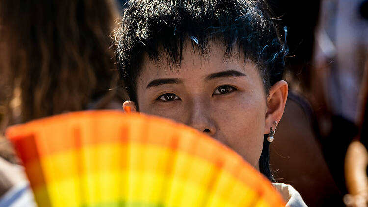Person holding a Pride flag