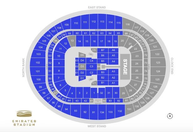Birdseye view of Emirates Stadium seating plan for Boyzone concert
