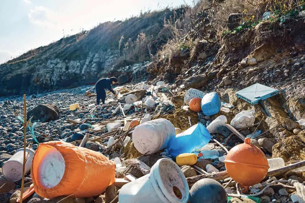 Plastic waste washed ashore at Cape Hado in Saga prefecture