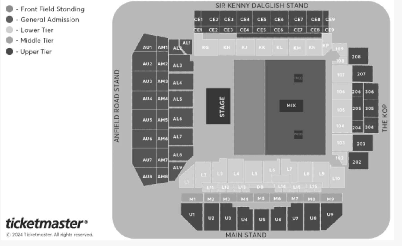 Anfield Stadium map for concert