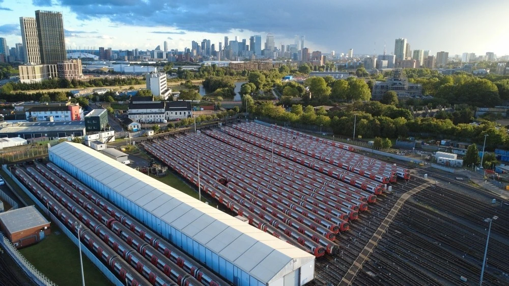 Stratford Market Depot with parked London Underground tube carriages during a strike
