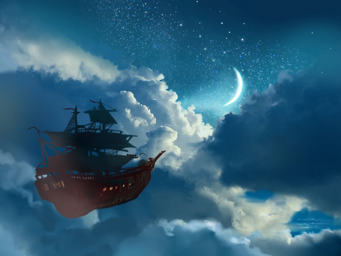 Fantasy movie style clip art of pirate ship drifting in the moonlit night sky