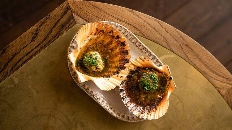 Scallops in a shell.