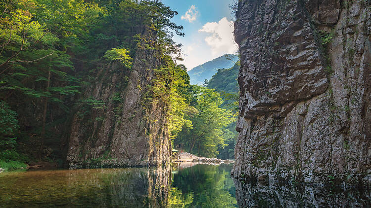 A serene lake within mountains