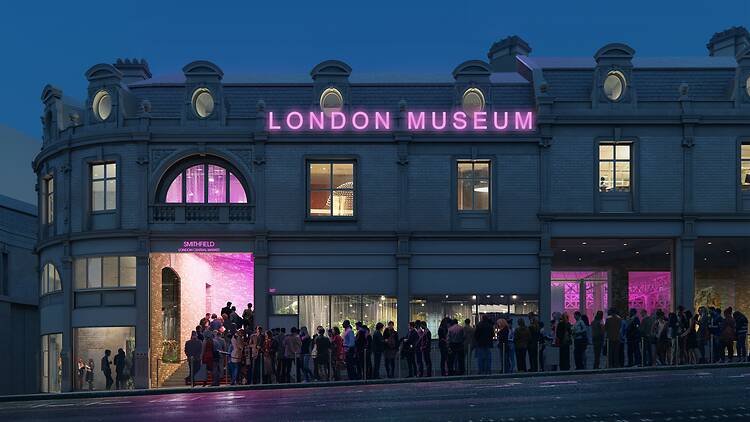 Entrance to the London Museum with pink neon sign Entrance to the London Museum with pink neon sign
